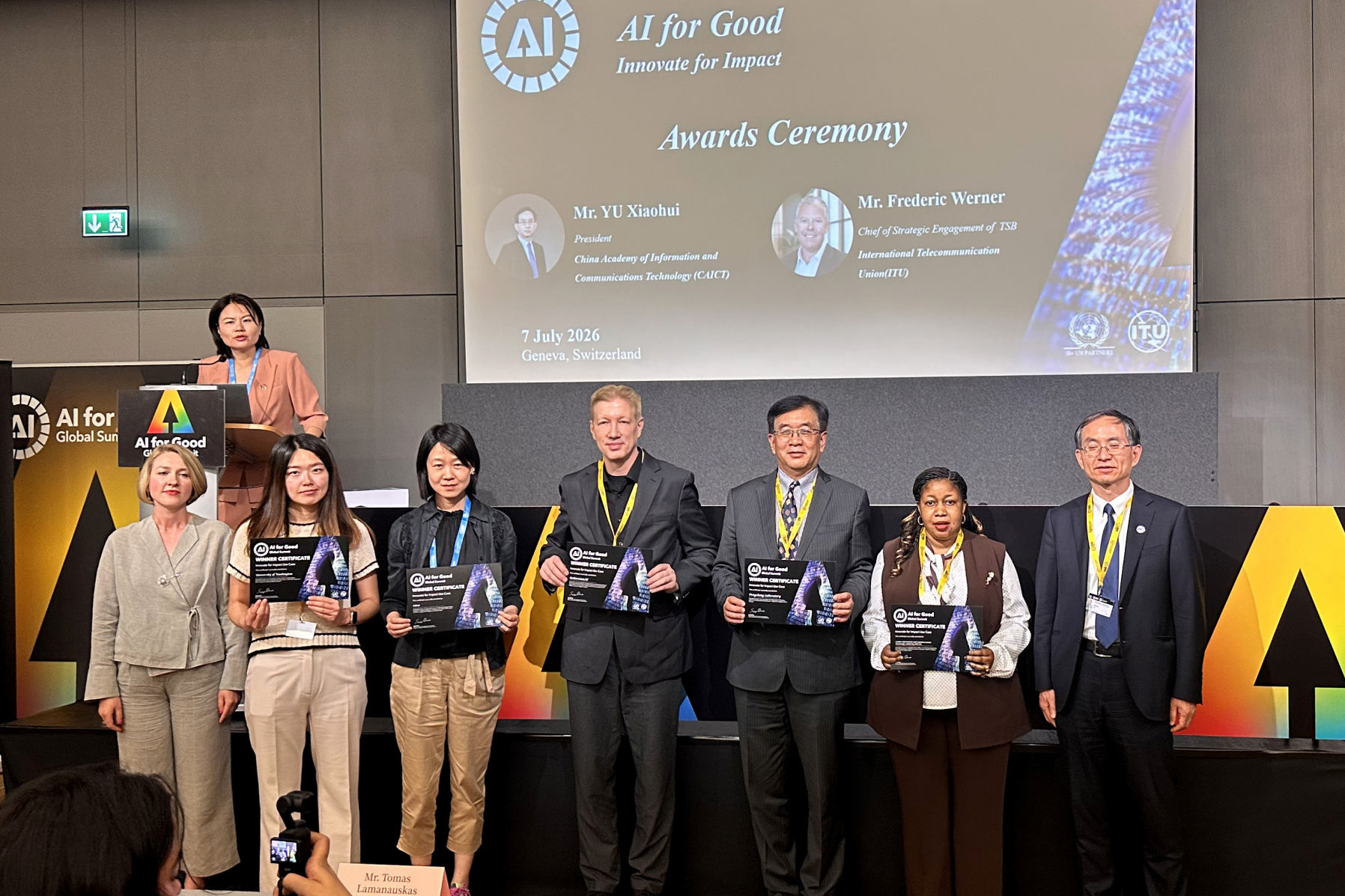 ReEnvision AI receiving the AI for Good Innovate for Impact Award at the United Nations Global Summit in Geneva